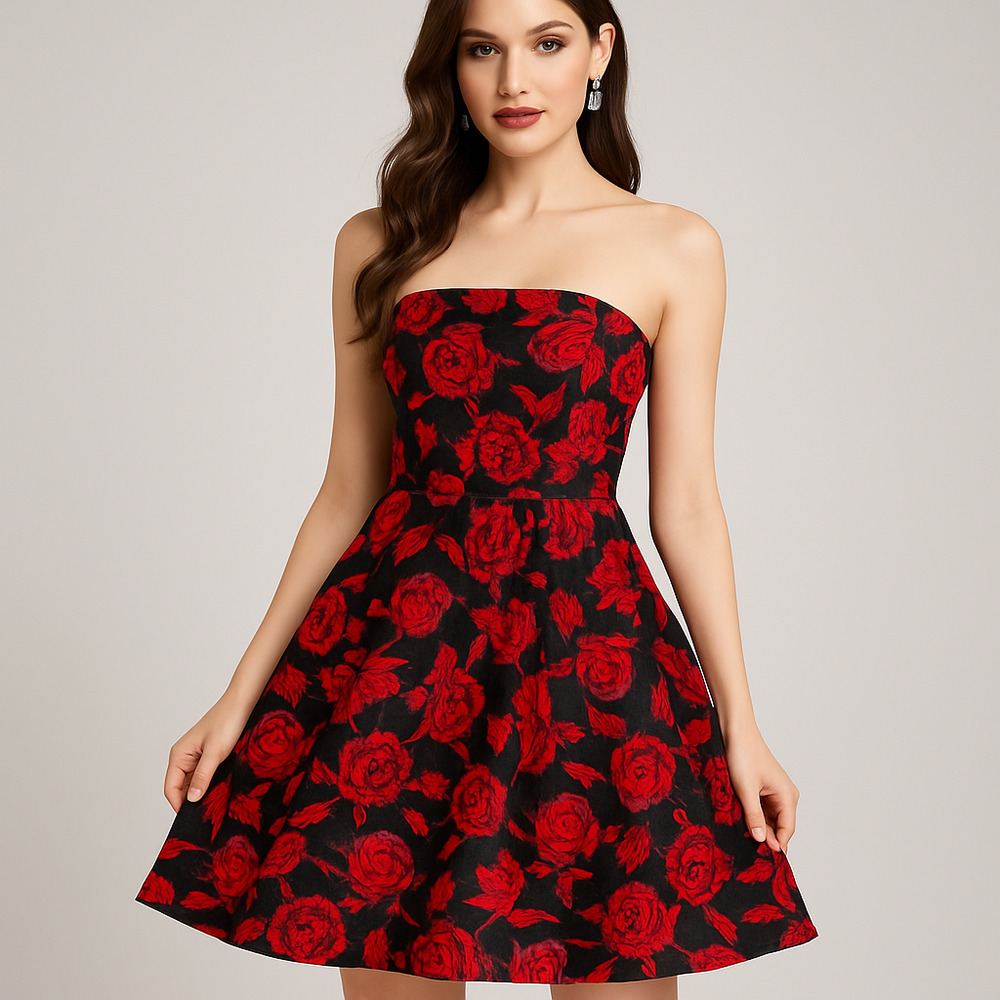 eva mendes for New York & Company Strapless Black Dress with Red Rose Print